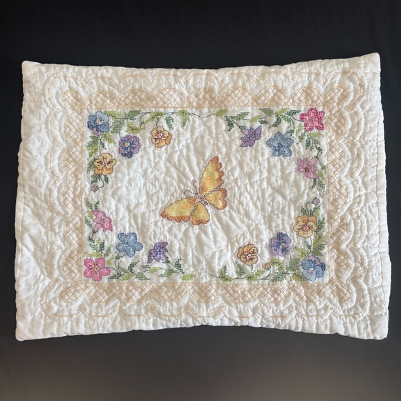 Other - Handmade Quilted Cross Stitch Embroidered Butterfly & Floral Cotton Pillow Sham